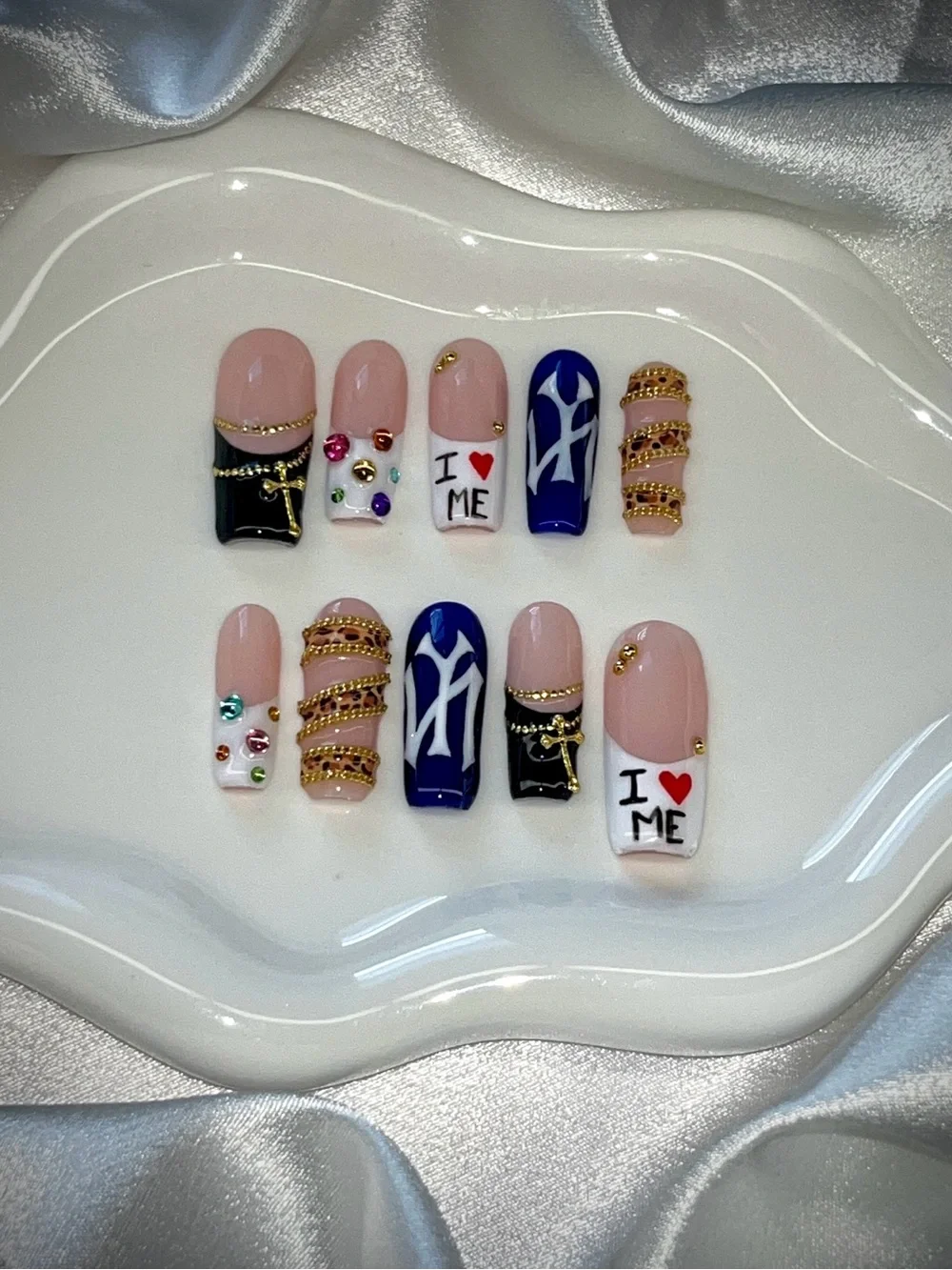 Nude & Blue Rhinestone Press-On Nail Set with Gold Accents